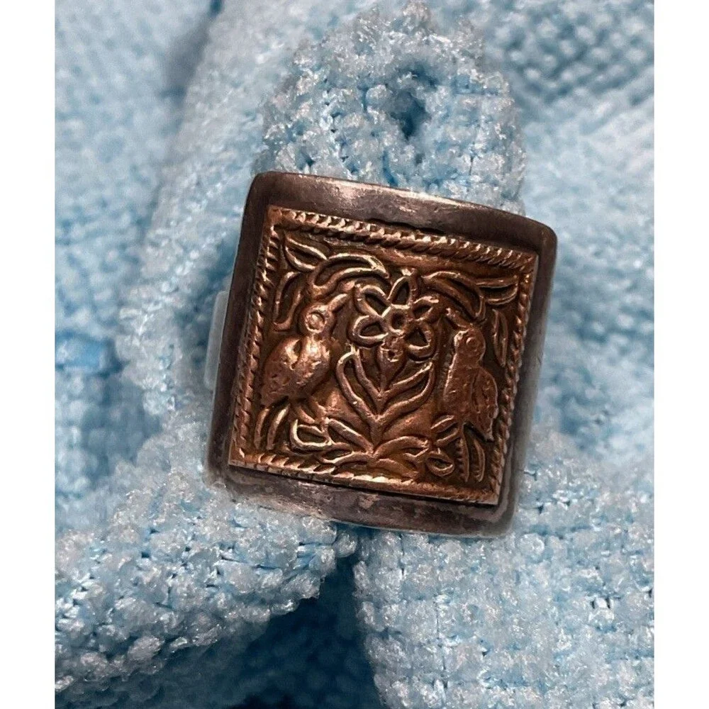 Gothic Sterling Silver Mixed Metal Wide Band Ring Artisan Folk Art Size 6